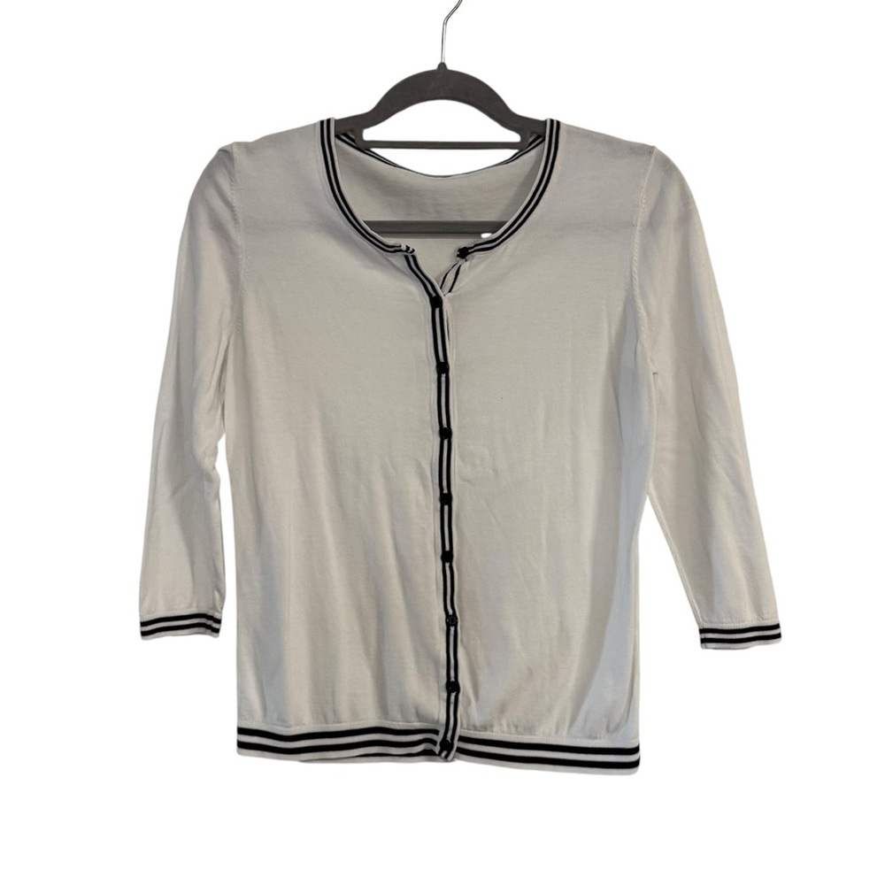 Talbots White and Nvay 3/4 Length Sleeve Button Down Cardigan